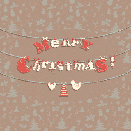 Vector illustration Festive Christmas greeting card with seamless pattern in vintage flat style.のイラスト素材