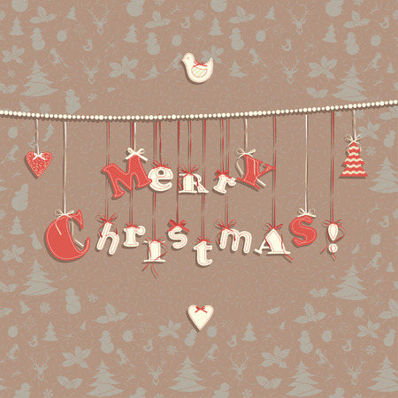 Vector illustration Festive Christmas greeting card with seamless pattern in vintage flat style.のイラスト素材