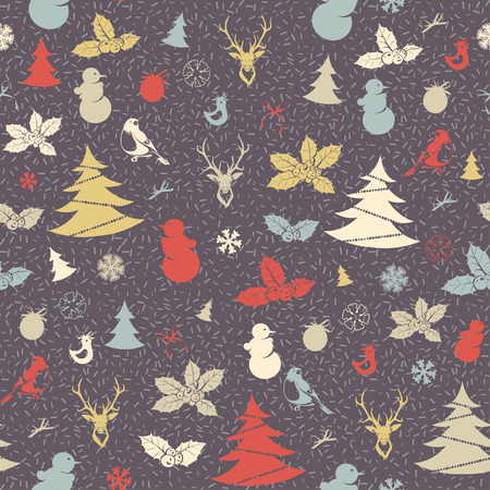 Vector illustration Festive Christmas and New Year seamless pattern in vintage flat style.のイラスト素材