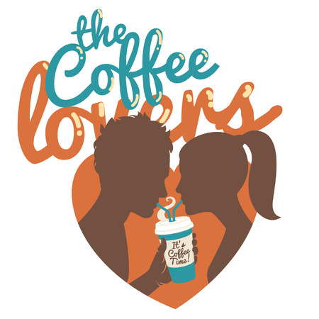Vector illustration Couple drinking coffee. Flat style. Inscription: The coffee loversのイラスト素材