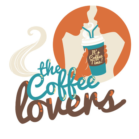 Vector illustration Couple drinking coffee. Flat style. Inscription: The coffee loversのイラスト素材