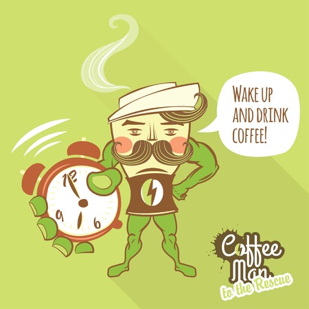 Vector Illustration Coffee man character standing with his hands on the hips and showing ringing clocksのイラスト素材