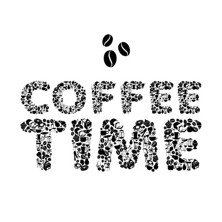 Vector illustration Coffee Time shape dessert pattern with cafe and food objects. Flat styleのイラスト素材