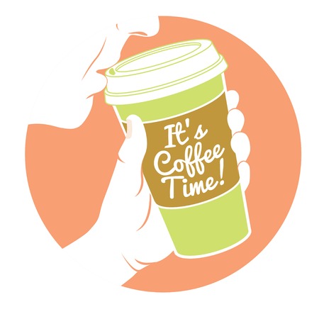 Vector Illustration Man drinking coffee with hand holding dispossable coffee cup. Cardboard cover with text "It's coffee time!"のイラスト素材