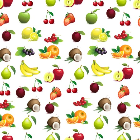 Vector Illustration of  Seamless pattern  of different fruits with leaves and flowersのイラスト素材