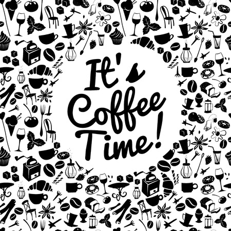 Vector illustration Round frame shape dessert pattern with cafe and food objects. Flat styleのイラスト素材