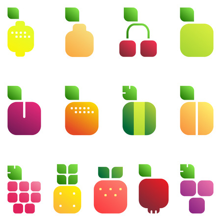 Vector Illustration Set of fruits and berries with leaves. Shiny style iconsのイラスト素材