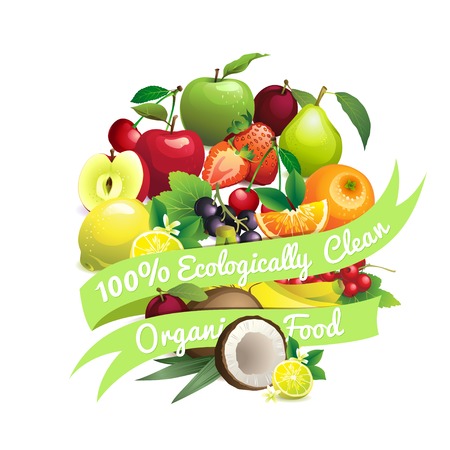 Vector Illustration of  Circle shape contains different fruits with ribbon label "100% ecologically clean"のイラスト素材