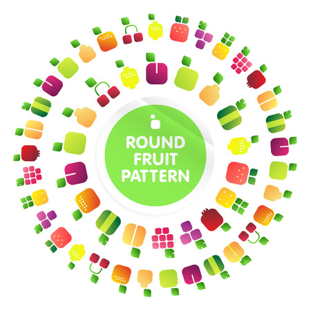 Vector Illustration round pattern of fruits and berries with leaves. Shiny style iconsのイラスト素材