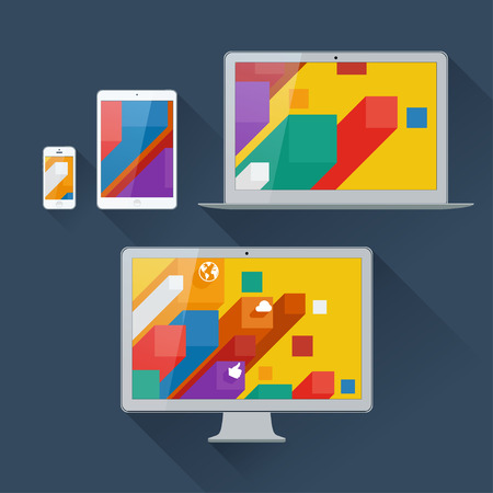 Vector illustration of user interface on digital tablet and on mobile devices with flat design background on a screen. Isolated on dark background.のイラスト素材