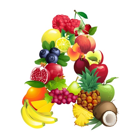Vector Illustration Letter A composed of different fruits with leavesのイラスト素材