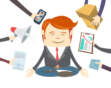 Vector Illustration of  Office man meditating in the middle of busy workdayのイラスト素材