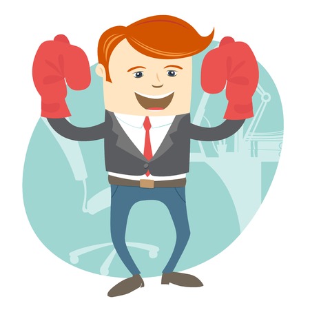 Vector Illustration of  Office man wearing boxing gloves in front of his working placeのイラスト素材