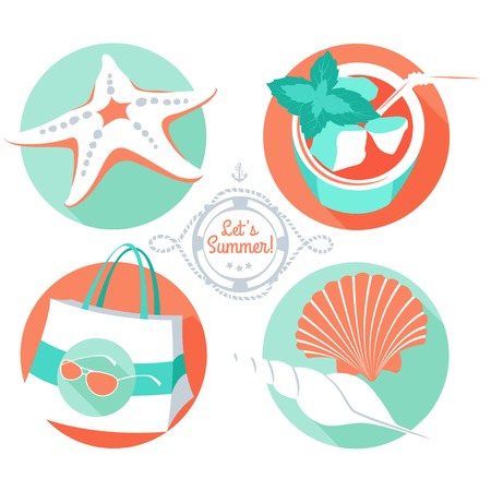 Vector Illustration Summer set: starfish, shells, beach bag, sunglasses, tropical cocktailのイラスト素材