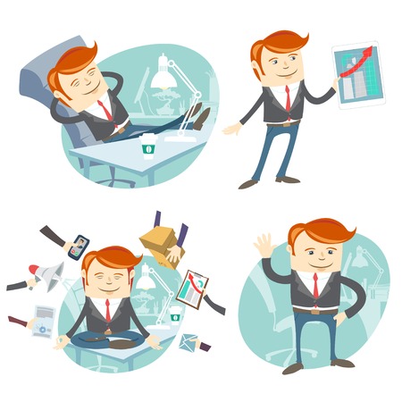 Vector Illustration Set of hipster officemen: lazy worker foot on desk, salesmanager with device, busy multitasking man, waving ofice white collarのイラスト素材