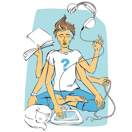 Six-armed character who keeps the headphones, run the tablet, caress a cat, meditates and counts his beadsのイラスト素材