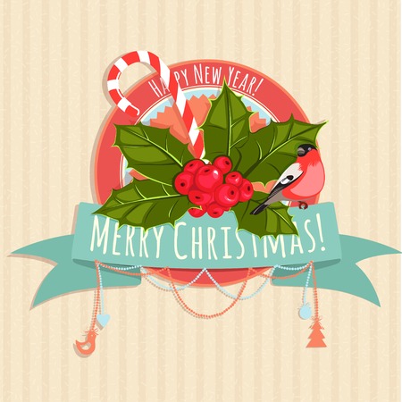 Vector Illustration of A Christmas banner with holly berries, bullfinch and lollipopのイラスト素材