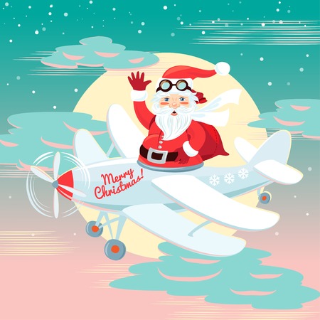 Vector illustration Waving Santa Claus flying on the plane with sack full of presetns. Flat styleのイラスト素材