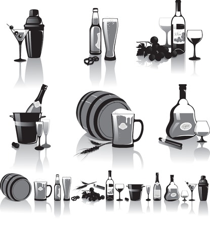 Black-and-white still-life of spirits and glasses with reflectionのイラスト素材