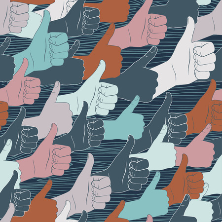 Vector Illustration of Thumbs up. Drawn by hands seamless pattern. Flat styleのイラスト素材