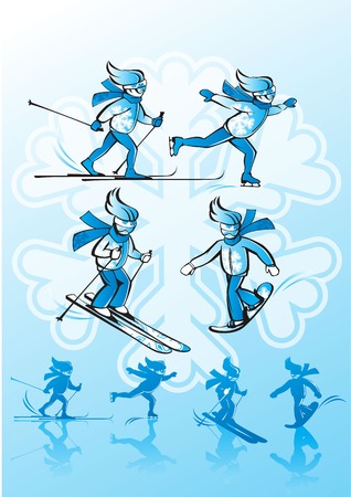 Vector Illustration of  winter sports. Alpine skiing, cross-country skiing, snowboarding, ice skating.のイラスト素材