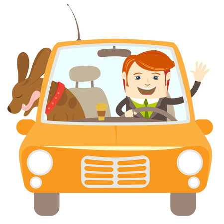 Vector illustration Hipster-traveler driving a car with his dogのイラスト素材