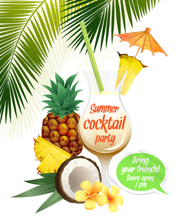 Vector illustration Beach tropical cocktail pina colada with garnish and pineapple colorful posterのイラスト素材