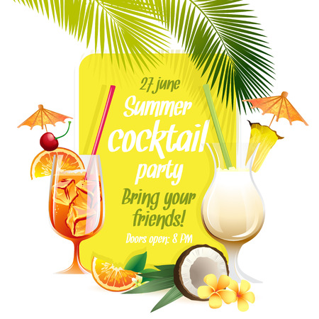 Vector illustration Beach tropical cocktails bahama mama and pina colada with garnish colorful posterのイラスト素材