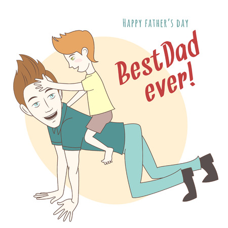 Vector illustration  Son riding on his father's back. Hand drawn style greeting card for father's dayのイラスト素材