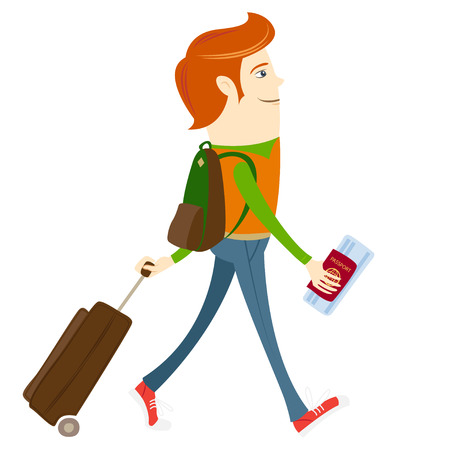 Vector illustration Hipster-traveler walking and holding passport, ticket and suitcaseのイラスト素材