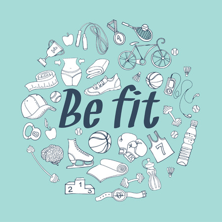 Vector illustration Color Sport and fitness doodle pattern frame for your textのイラスト素材