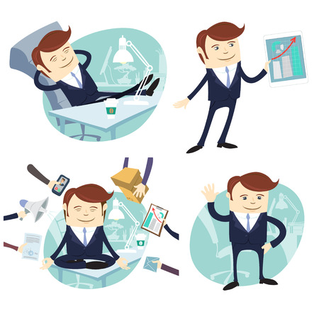 Vector Illustration Set of officeman: lazy worker foot on desk, salesman with device, busy multitasking man, waving office white collarのイラスト素材