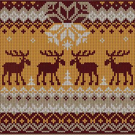 Vector illustration Scandinavian flat style  knitted pattern with deers and elksのイラスト素材