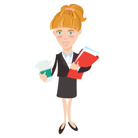 Vector illustration Businesswoman with document folder and cup of coffee. Flat styleのイラスト素材