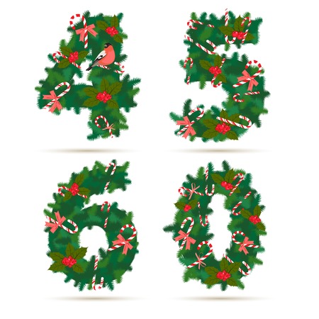 Vector illustration Christmas festive wreath numbers 4, 5, 6, 0.のイラスト素材