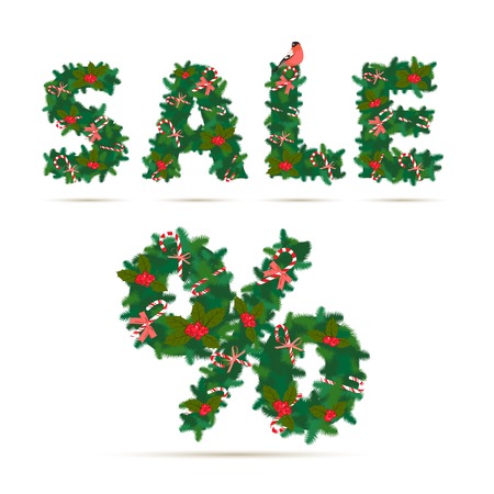 Vector illustration Christmas Sale festive wreath letters and percent figureのイラスト素材