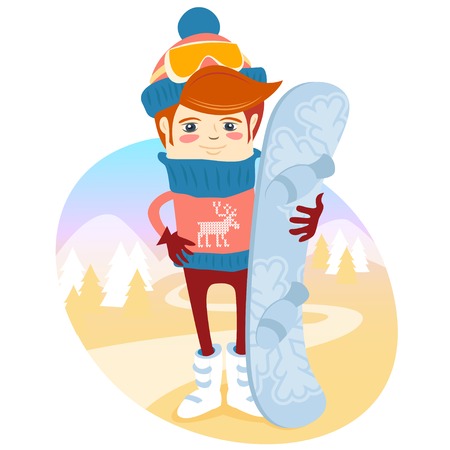 Vector illustration Hipster snowboarder in fron of slopes with his board. Flat styleのイラスト素材