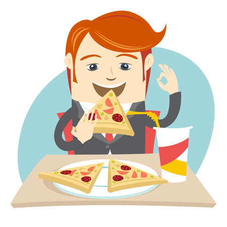 Vector illustration Hipster office man eating pizza at cafe. Flat styleのイラスト素材