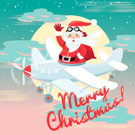 Vector illustration Waving Santa Claus flying on the plane with sack full of presetns. Flat styleのイラスト素材