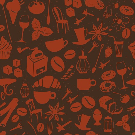 Vector illustration Seamless coffee pattern with latte, cappuccino, pies, doughnuts,  croissants, cups, glasses and other cafe objectsのイラスト素材