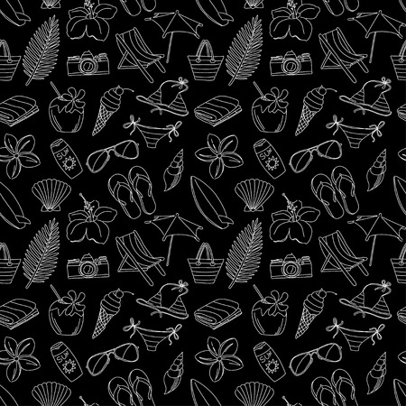Vector illustration Cute hand drawn sketch line icons seamless pattern. Black and whiteのイラスト素材