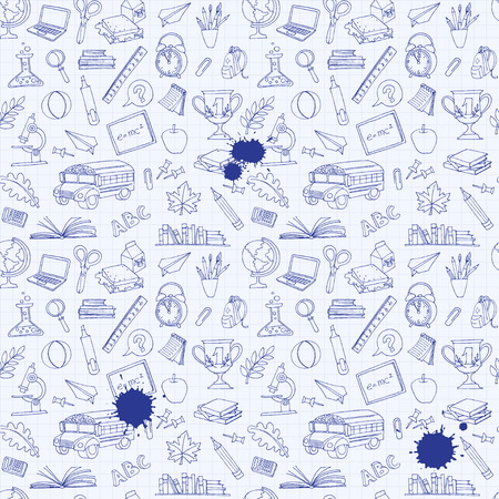 Vector illustration  Back to school seamless pattern of kids doodles with bus, books, computer, blackboard and world map on notebook grid sheetのイラスト素材