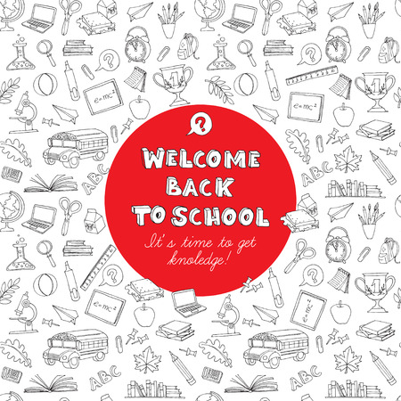 Vector illustration  Back to school greeting card of kids doodles with bus, books, computer, blackboard and world mapのイラスト素材