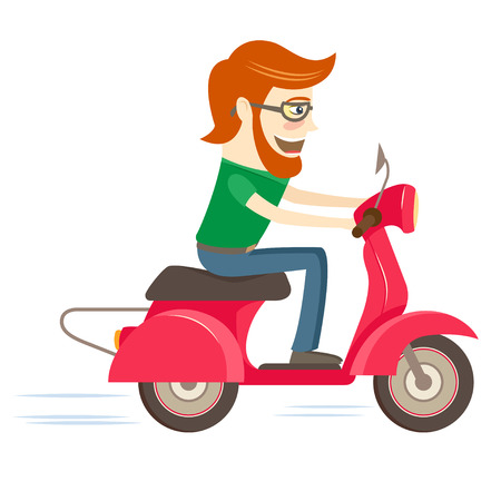 Vector illustration Funny hipster character riding red scooterのイラスト素材