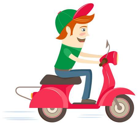 Vector illustration Funny hipster character riding red scooterのイラスト素材