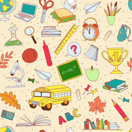 Vector illustration  Vector illustration Back to school seamless pattern of kids doodles with bus, books, computer, blackboard and world mapのイラスト素材
