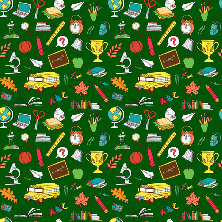 Vector illustration  Vector illustration Back to school seamless pattern of kids doodles with bus, books, computer, blackboard and world mapのイラスト素材
