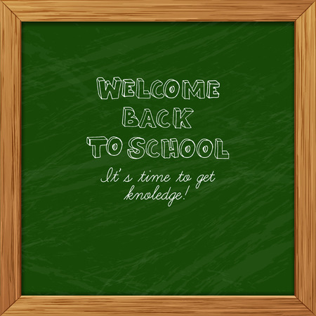 Vector illustration Green blackboard greeting card welcome back to school with wooden frameのイラスト素材