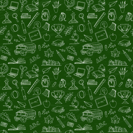 Vector illustration  Back to school seamless pattern of kids doodles with bus, books, computer and world map on green blackboardのイラスト素材