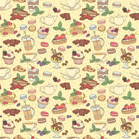 Vector illustration Seamless pattern fresh desserts with coffee, tea, berry, ice cream, cupcakes and chocolateのイラスト素材